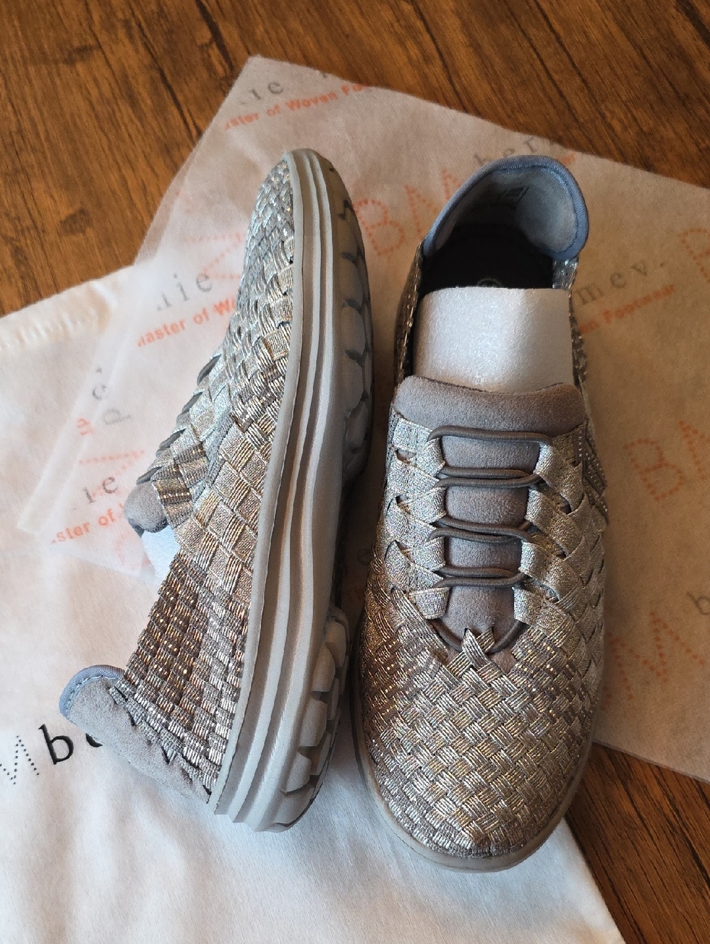 bernie mev. Metallic Silver Victoria Woven Slip-Ons with Gray Trim
